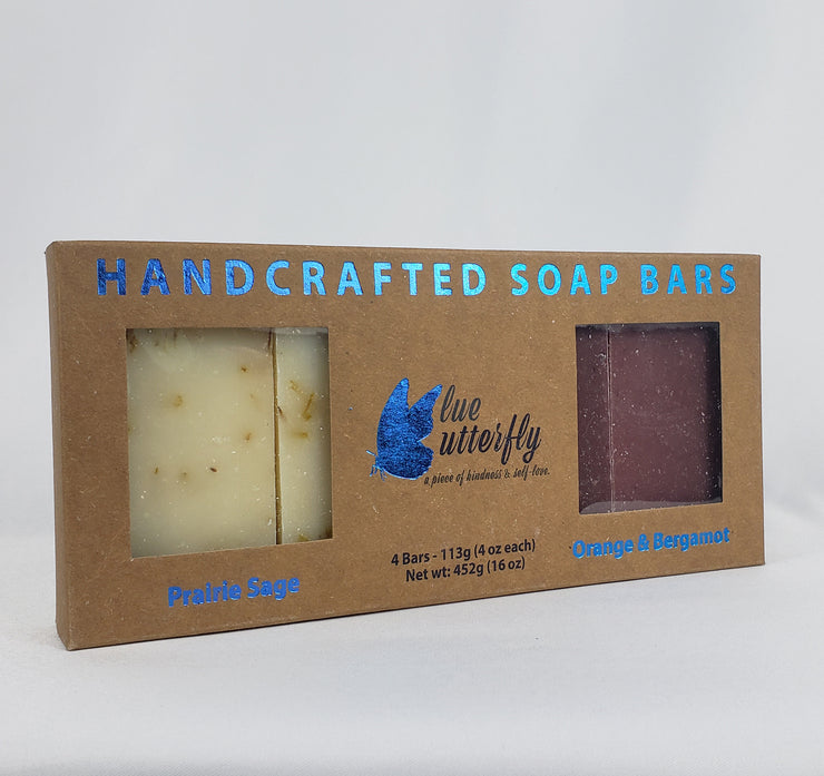 Blue Butterfly Handcrafted Soap Bars - Gift Box 4 pcs -  Prairie Sage + Blood Orange (FREE SOAP TRAY)