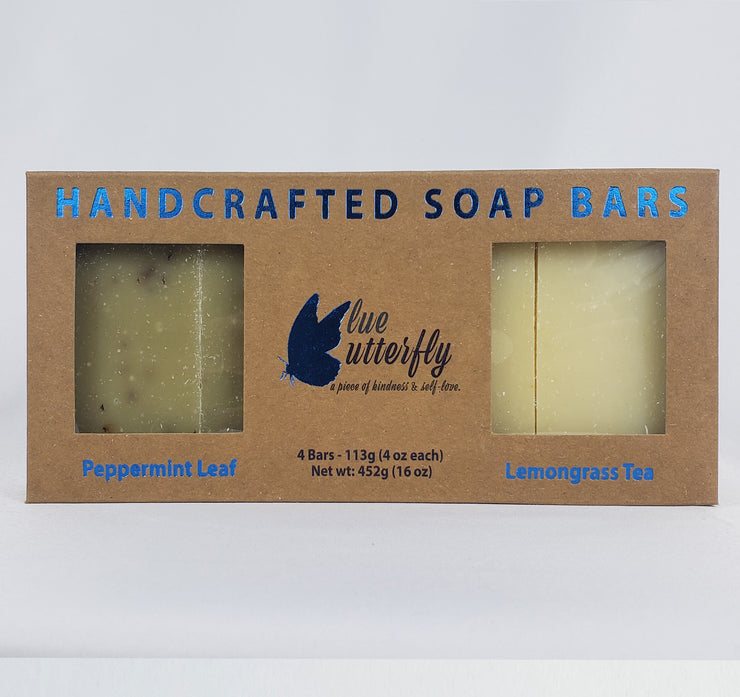 Blue Butterfly Handcrafted Soap Bars - Gift Box 4 pcs - Lemongrass + Peppermint (FREE SOAP TRAY)