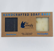 Blue Butterfly Handcrafted Soap Bars - Gift Box 4 pcs - Black Tea Tree + Pink Grapefruit (FREE SOAP TRAY)