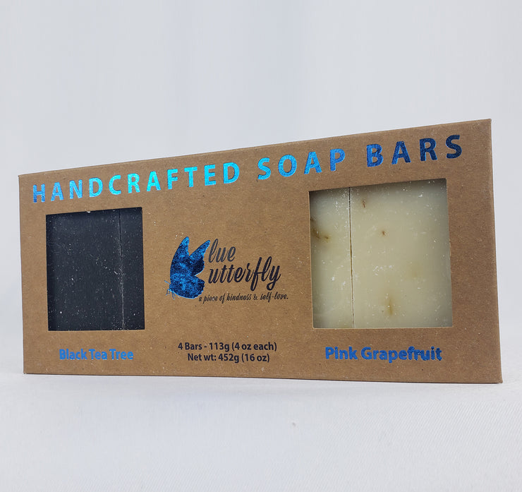 Blue Butterfly Handcrafted Soap Bars - Gift Box 4 pcs - Black Tea Tree + Pink Grapefruit (FREE SOAP TRAY)