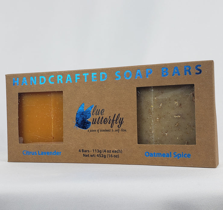 Blue Butterfly Handcrafted Soap Bars - Gift Box 4 pcs - Citrus + Oatmeal (FREE SOAP TRAY)